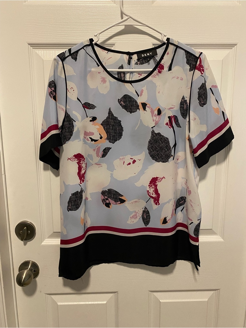 DKNY Light Blue Floral Short Sleeve Top with Black Trim